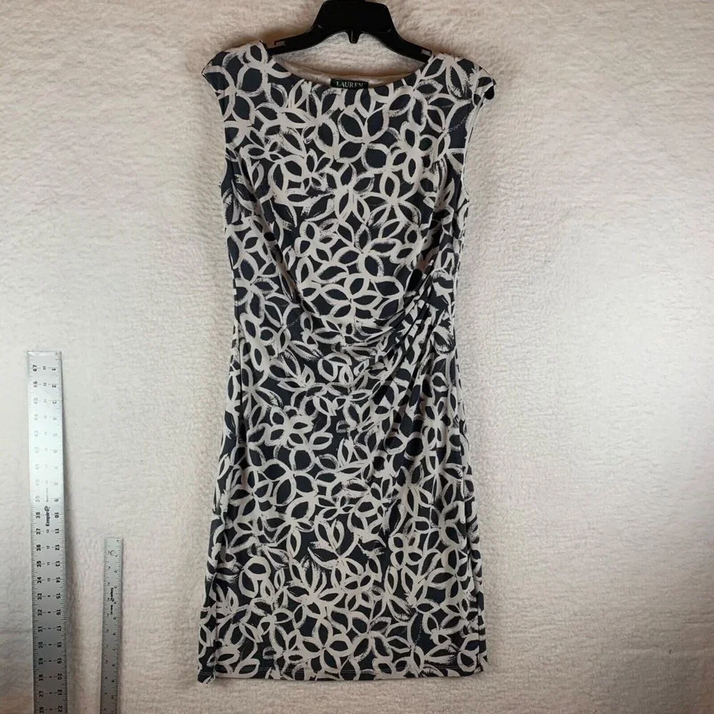 Lauren Ralph Lauren Women's Sleeveless Ruched Floral Navy White Dress Sz 10 8473